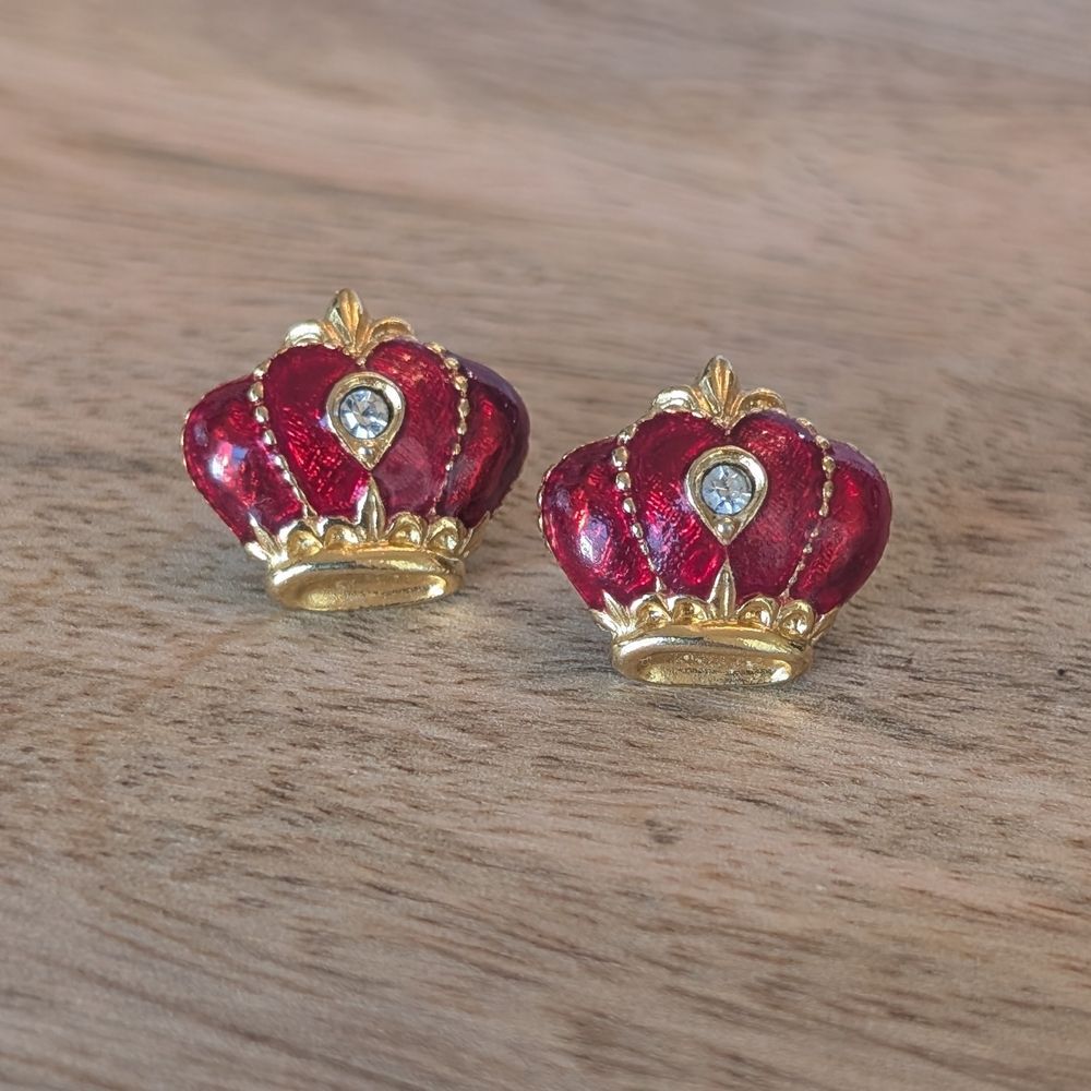 Vintage Avon Crown Earrings Red Enamel Gold Tone Post Back, Princess Queen Royal